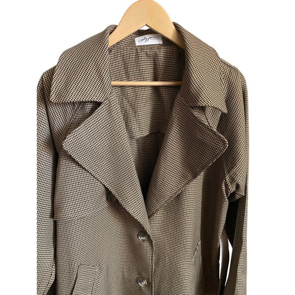 Carly Jean Women's Size S Downing Trench Coat Jacket Taupe Tie Belt Houndstooth - Picture 2 of 9